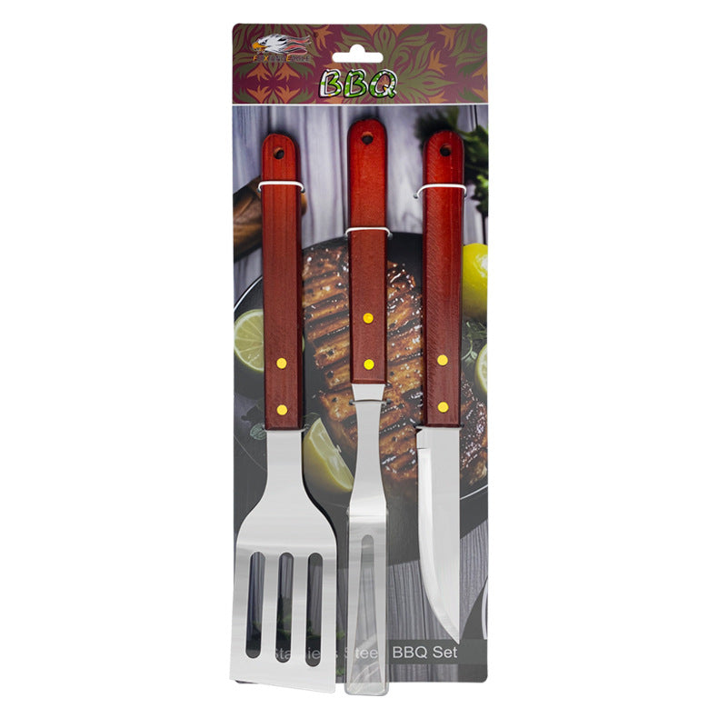 Outdoor camping barbecue tools combination stainless steel grill suit wooden handle fork shovel clip BBQ accessories cloth bag