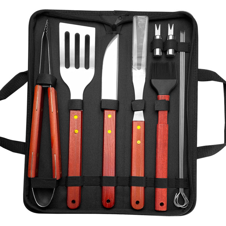 Outdoor camping barbecue tools combination stainless steel grill suit wooden handle fork shovel clip BBQ accessories cloth bag
