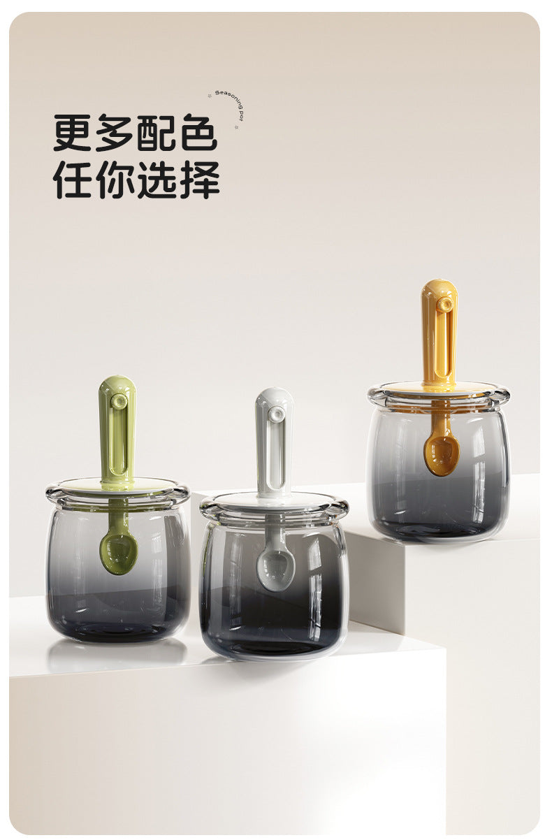 Retractable Seasoning Box Glass Kitchen Seasoning Jar Spoon Lid Integrated Monosodium Glutamate Seasoning Jar Household Salt Jar Seasoning Bottle suit