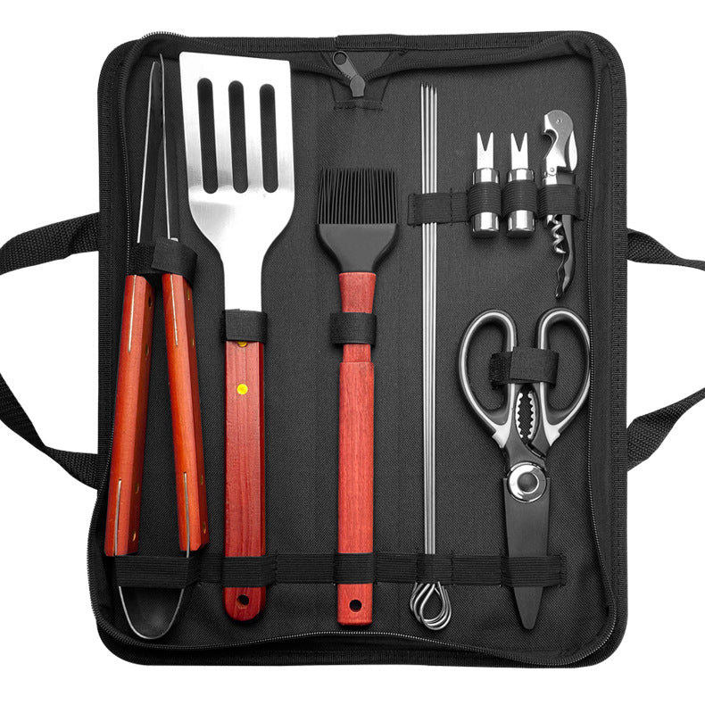 Outdoor camping barbecue tools combination stainless steel grill suit wooden handle fork shovel clip BBQ accessories cloth bag