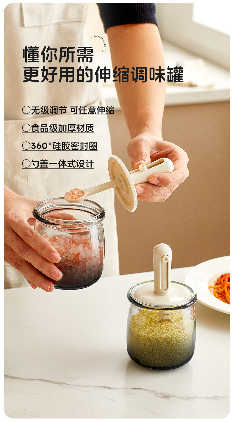 Retractable Seasoning Box Glass Kitchen Seasoning Jar Spoon Lid Integrated Monosodium Glutamate Seasoning Jar Household Salt Jar Seasoning Bottle suit