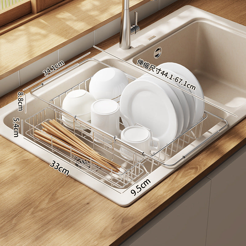 Stainless Steel Kitchen Telescopic Sink Rack Drying Bowl Chopsticks Wipe Household Dishes Multi-functional Storage Rack Cross-border