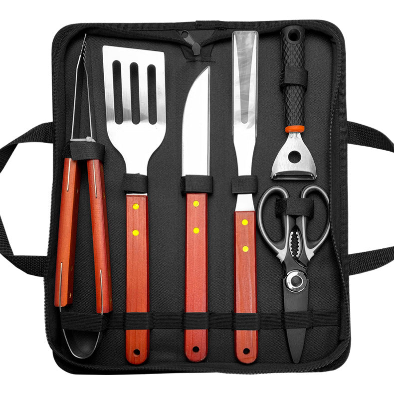 Outdoor camping barbecue tools combination stainless steel grill suit wooden handle fork shovel clip BBQ accessories cloth bag