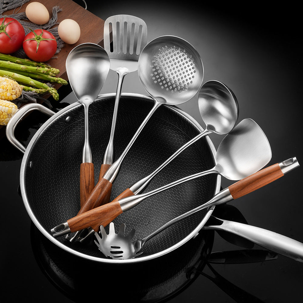 Cross-Border Kitchenware 316 Stainless Steel Spatula for Cooking Household Soup Spoon Rosewood Handle Spatula Kitchen Utensils Frying Spoon