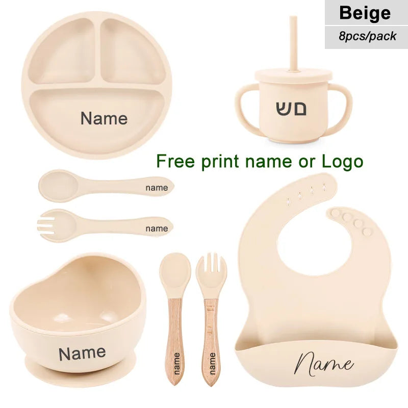 8Pcs Feeding Set For Baby Personalized Name Silicone Tableware Sucker Bowl Plate For Kids Feeding Cup With Straw Dinner Plate