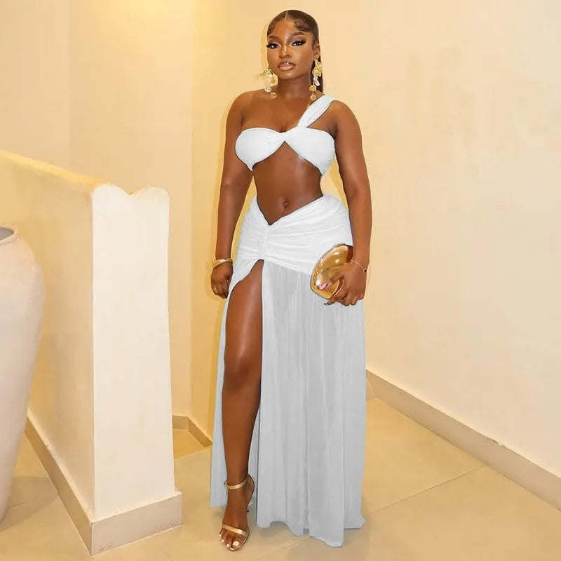 Women's One-Shoulder Strap Crop Bra Tops & Gauze Spliced Draped Split Long Skirt, 2pcs Set