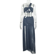 Women's One-Shoulder Strap Crop Bra Tops & Gauze Spliced Draped Split Long Skirt, 2pcs Set - QueensalesOF