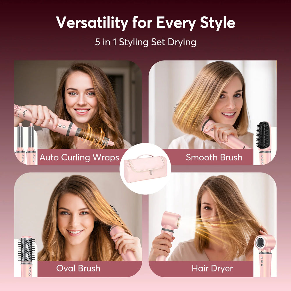 5 in 1 High-Speed Hot Air Styler Frizz-Free Fast Drying No Heat Damage Hair Dryer Curl Volumize Straighten with Travel Bag - QueensalesOF