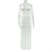 Women's One-Shoulder Strap Crop Bra Tops & Gauze Spliced Draped Split Long Skirt, 2pcs Set - QueensalesOF