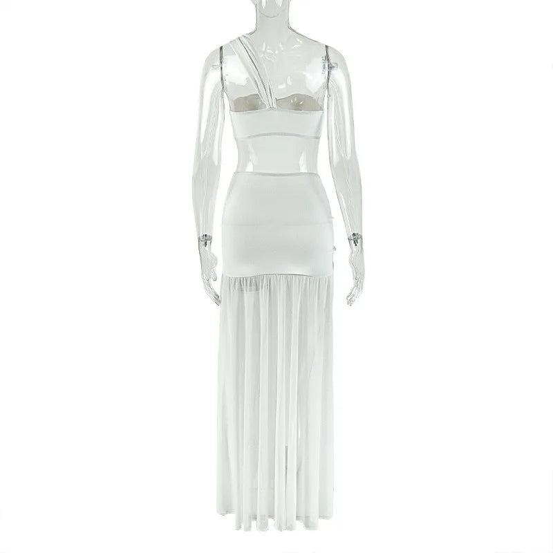 Women's One-Shoulder Strap Crop Bra Tops & Gauze Spliced Draped Split Long Skirt, 2pcs Set