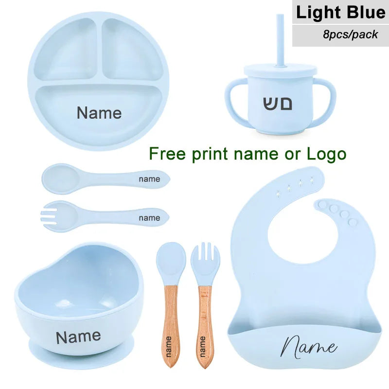 8Pcs Feeding Set For Baby Personalized Name Silicone Tableware Sucker Bowl Plate For Kids Feeding Cup With Straw Dinner Plate
