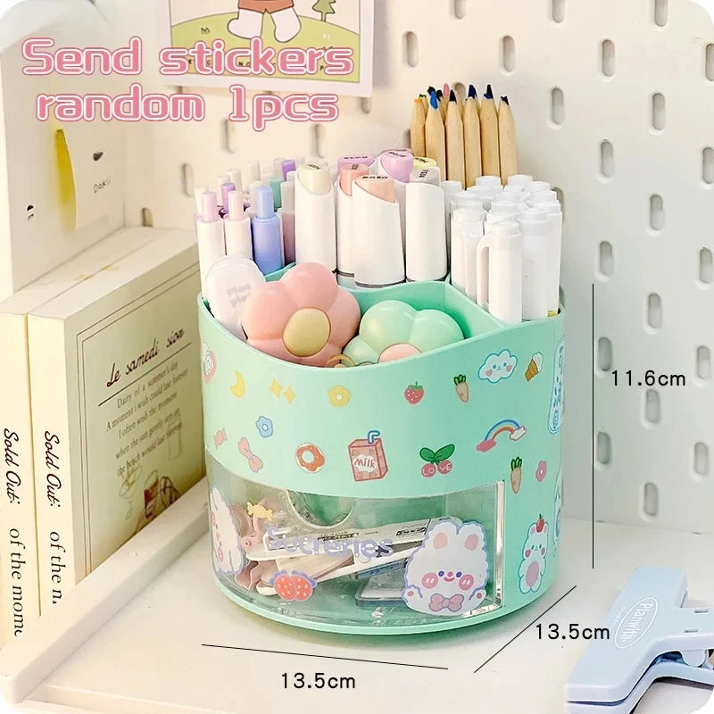 Cute Rotating Pen Holder Desktop Drawer Stationery Box Case School Office Desk Kawaii Stationery Storage Box Organizer Stickers - QueensalesOF