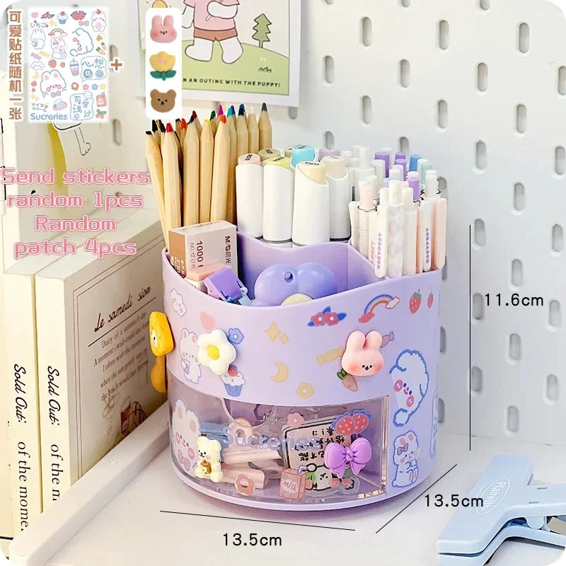 Cute Rotating Pen Holder Desktop Drawer Stationery Box Case School Office Desk Kawaii Stationery Storage Box Organizer Stickers - QueensalesOF