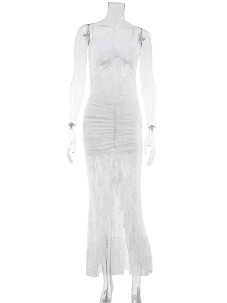 CNYISHE Lace Sheer Camisoles Solid Split V Neck Sheath Women Dresses Fashion Holiday Beach Sexy Club Female Bodycon Vestidos - QueensalesOF