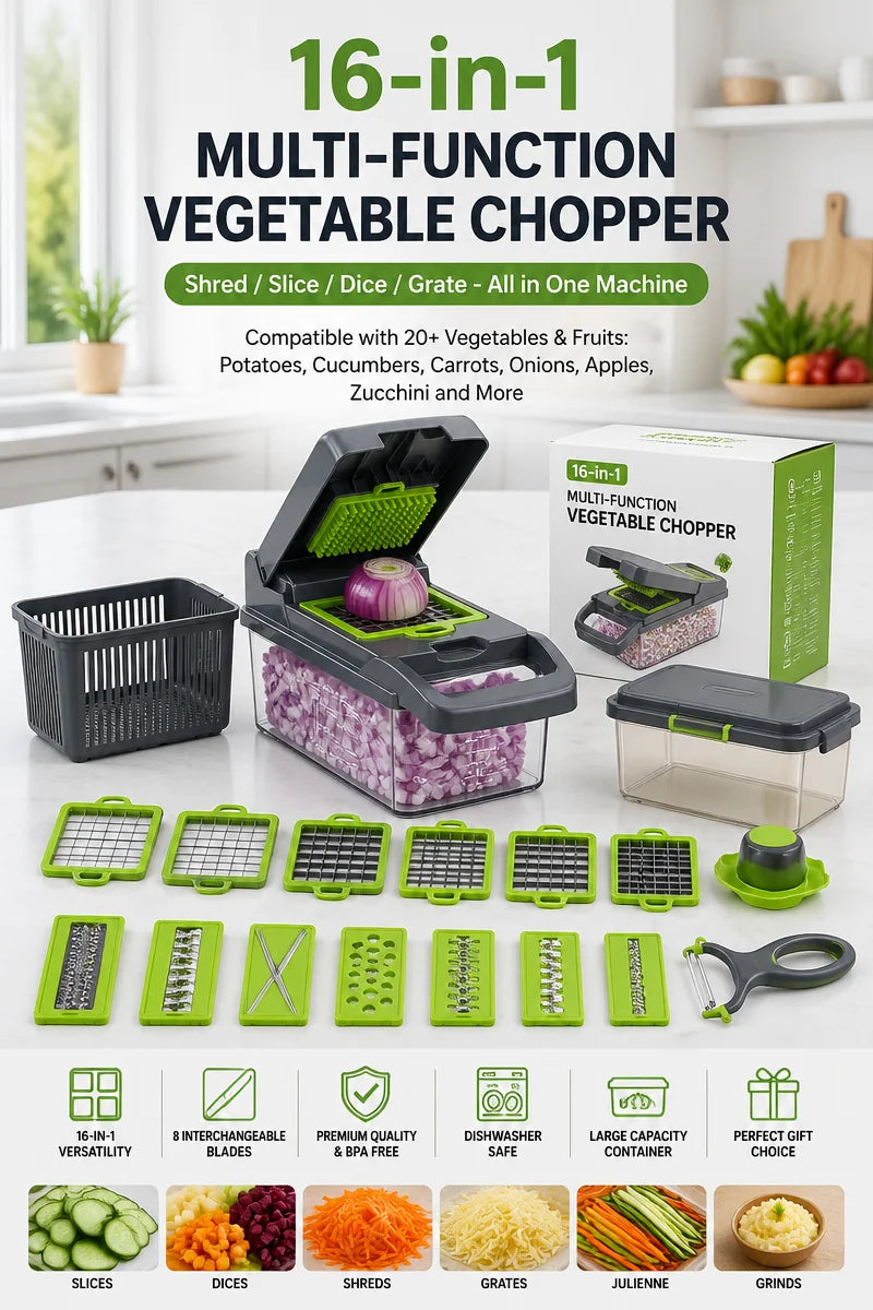 16-in-1 Vegetable Chopper PE+ABS Multi-Blade Kitchen Gadget for Home Cooking & Meal Prep - QueensalesOF