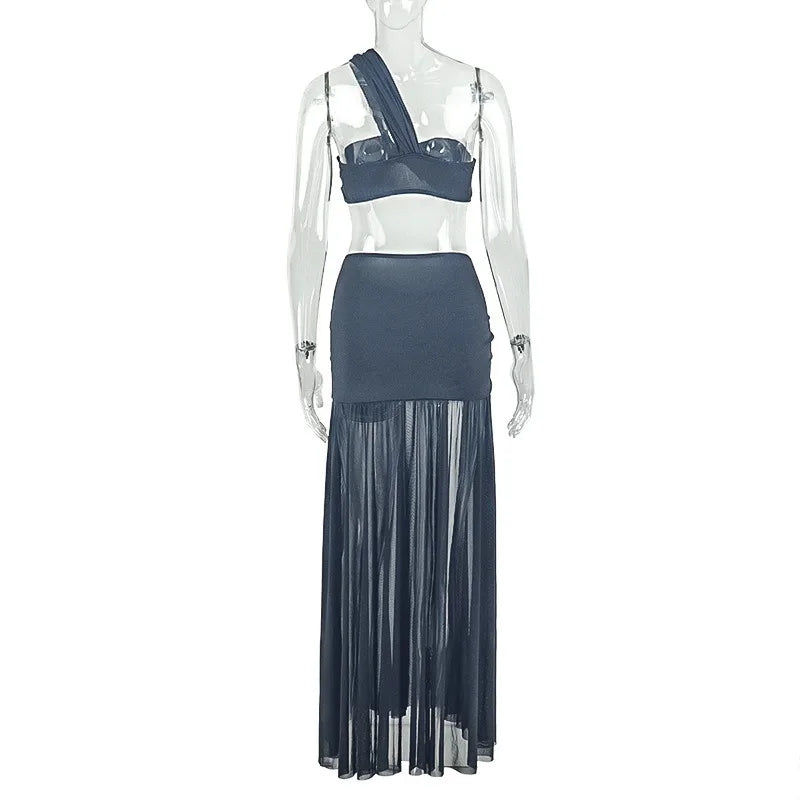 Women's One-Shoulder Strap Crop Bra Tops & Gauze Spliced Draped Split Long Skirt, 2pcs Set