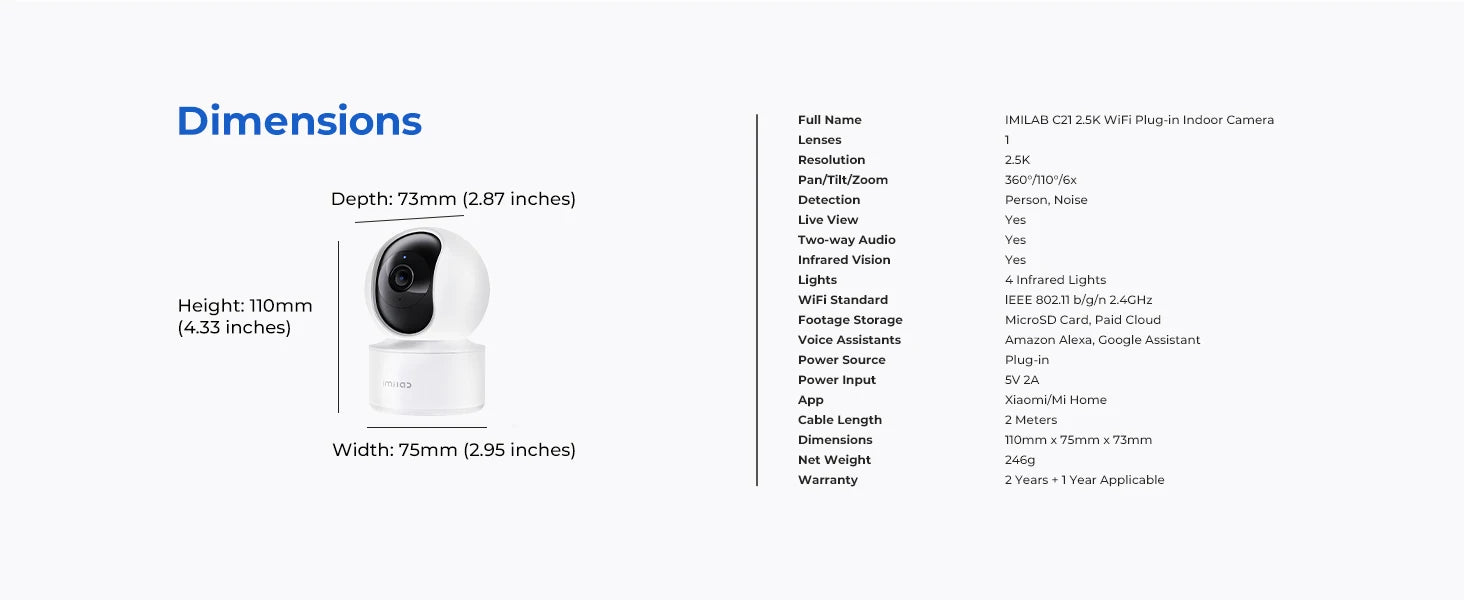 IMILAB C21 WiFi Camera 2.5K Baby Monitor Indoor IP Camera with PTZ Night Vision 2-Way Audio Human Tracking AI Detection