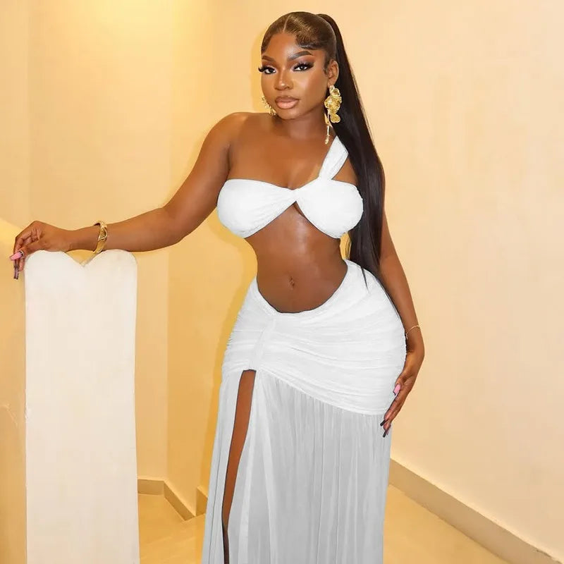 Women's One-Shoulder Strap Crop Bra Tops & Gauze Spliced Draped Split Long Skirt, 2pcs Set
