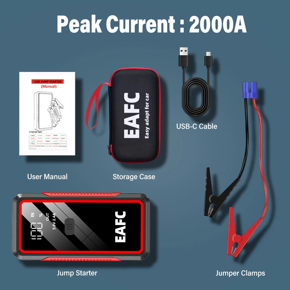 2000A/1200A Car Jump Starter Portable Power Bank 600A Car Battery Emergency Booster for Petrol Diesel 12V Car Starting Device