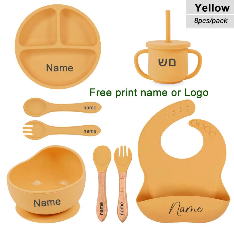 8Pcs Feeding Set For Baby Personalized Name Silicone Tableware Sucker Bowl Plate For Kids Feeding Cup With Straw Dinner Plate