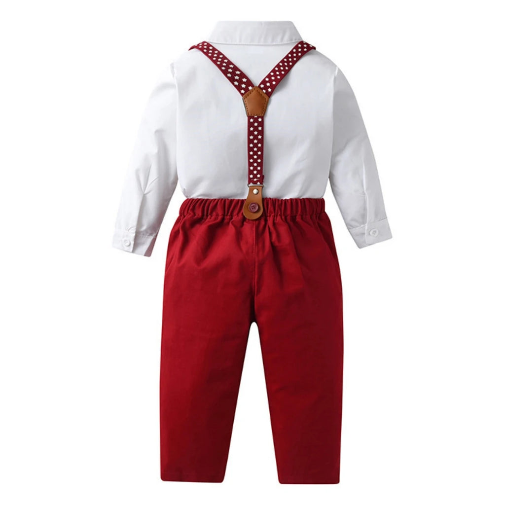 1 2 3 4 5 6Y Wedding Flower Boy Costume Classic White Shirt with Star Printed Suspender Set Children Kid Autumn Christmas Outfit