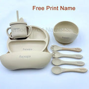 8Pcs Feeding Set For Baby Personalized Name Silicone Tableware Sucker Bowl Plate For Kids Feeding Cup With Straw Dinner Plate - QueensalesOF