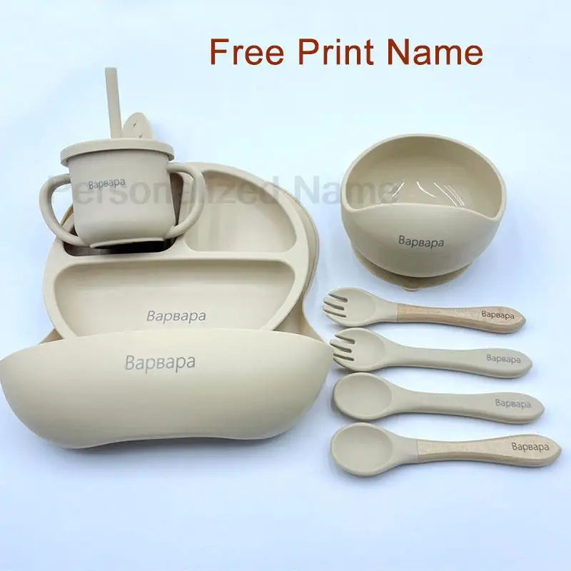8Pcs Feeding Set For Baby Personalized Name Silicone Tableware Sucker Bowl Plate For Kids Feeding Cup With Straw Dinner Plate