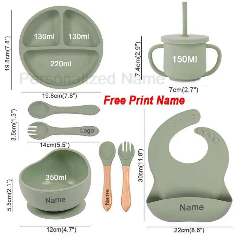 8Pcs Feeding Set For Baby Personalized Name Silicone Tableware Sucker Bowl Plate For Kids Feeding Cup With Straw Dinner Plate