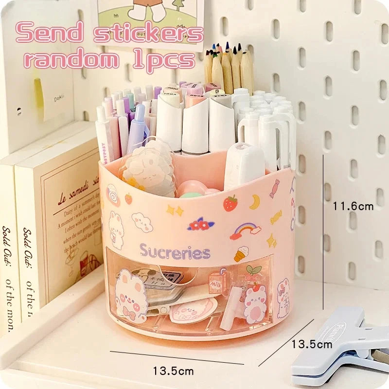 Cute Rotating Pen Holder Desktop Drawer Stationery Box Case School Office Desk Kawaii Stationery Storage Box Organizer Stickers - QueensalesOF