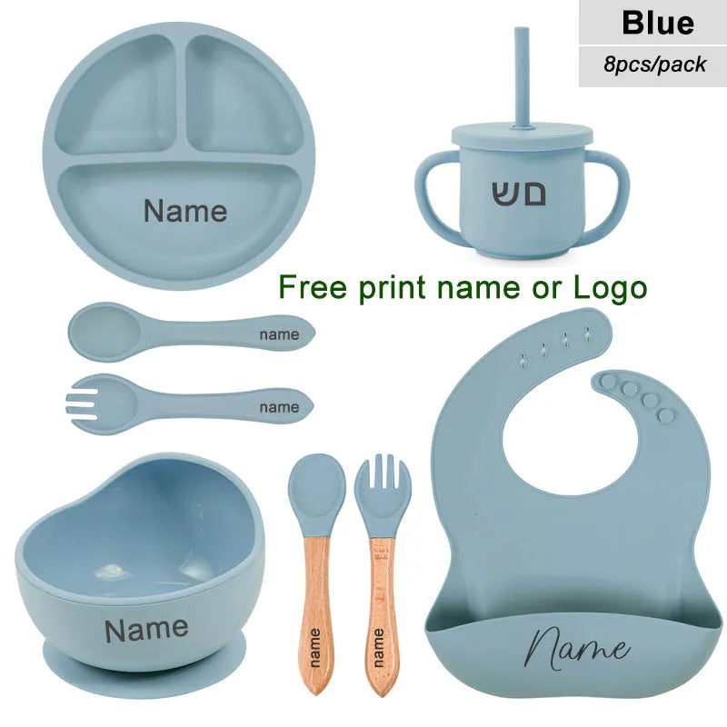 8Pcs Feeding Set For Baby Personalized Name Silicone Tableware Sucker Bowl Plate For Kids Feeding Cup With Straw Dinner Plate