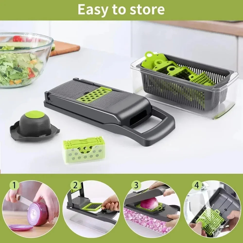 Multifunctional Vegetable Chopper 14/16 in 1 Food Slicer Dicer Grater with Handle, Kitchen Vegetable Cutter Tools Set - QueensalesOF