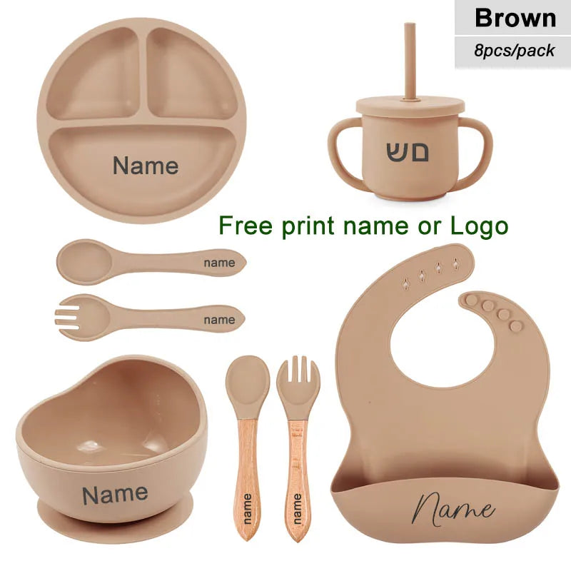 8Pcs Feeding Set For Baby Personalized Name Silicone Tableware Sucker Bowl Plate For Kids Feeding Cup With Straw Dinner Plate
