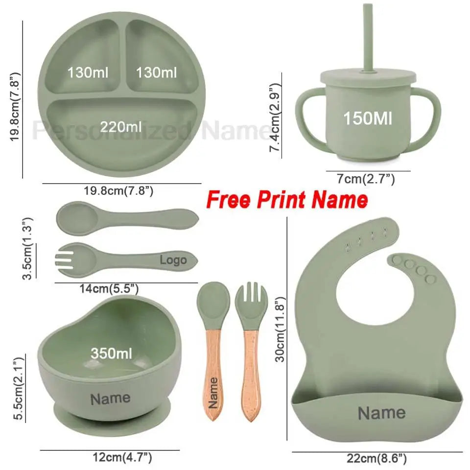 8Pcs Feeding Set For Baby Personalized Name Silicone Tableware Sucker Bowl Plate For Kids Feeding Cup With Straw Dinner Plate