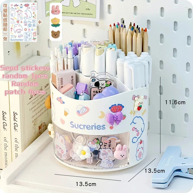 Cute Rotating Pen Holder Desktop Drawer Stationery Box Case School Office Desk Kawaii Stationery Storage Box Organizer Stickers - QueensalesOF