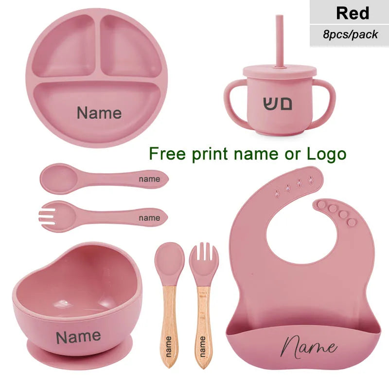 8Pcs Feeding Set For Baby Personalized Name Silicone Tableware Sucker Bowl Plate For Kids Feeding Cup With Straw Dinner Plate
