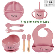 8Pcs Feeding Set For Baby Personalized Name Silicone Tableware Sucker Bowl Plate For Kids Feeding Cup With Straw Dinner Plate - QueensalesOF