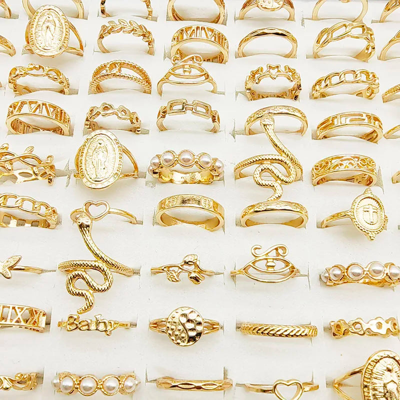 30pc/Lot Gold Color Finger Rings For Girls New Love Snake Animal Butterfly Cutout Star Pearl Thin Joint Ring Party Jewelry Women - QueensalesOF