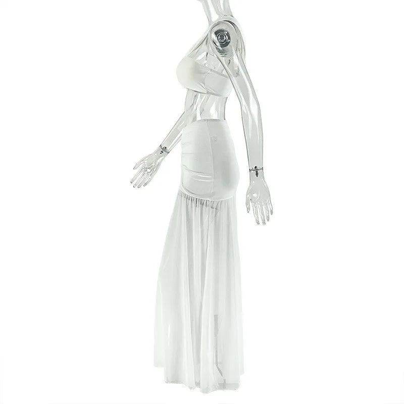 Women's One-Shoulder Strap Crop Bra Tops & Gauze Spliced Draped Split Long Skirt, 2pcs Set