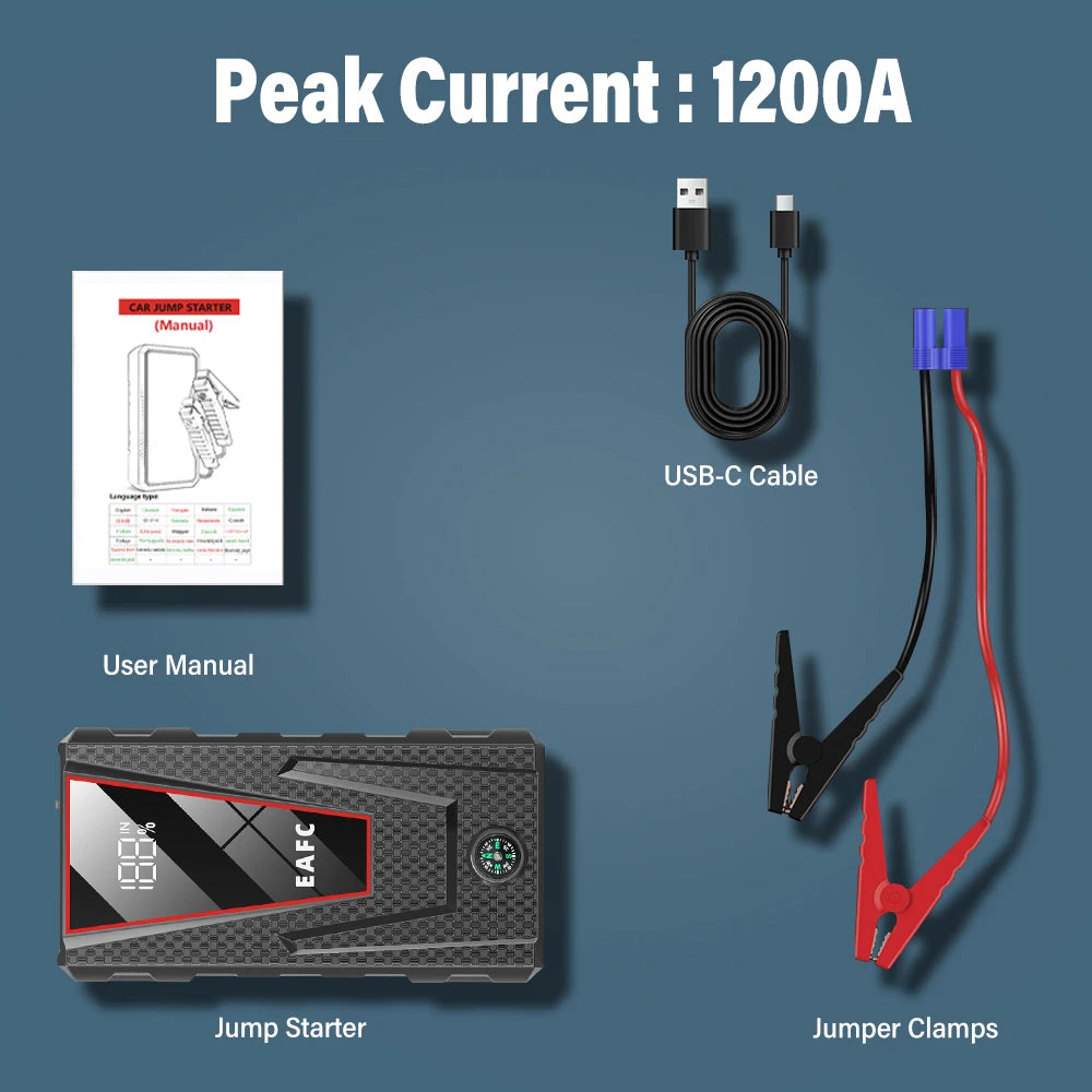 2000A/1200A Car Jump Starter Portable Power Bank 600A Car Battery Emergency Booster for Petrol Diesel 12V Car Starting Device