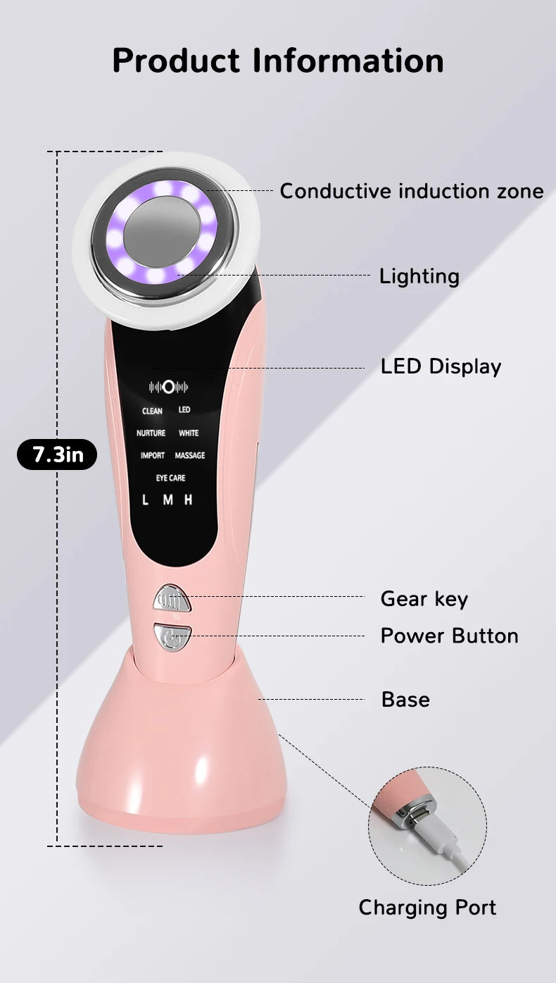 7 in 1 Facial Massager LED Light Therapy Skin Care Device Import Export Blackhead Remover Patented Electrode Head for Deep Clean