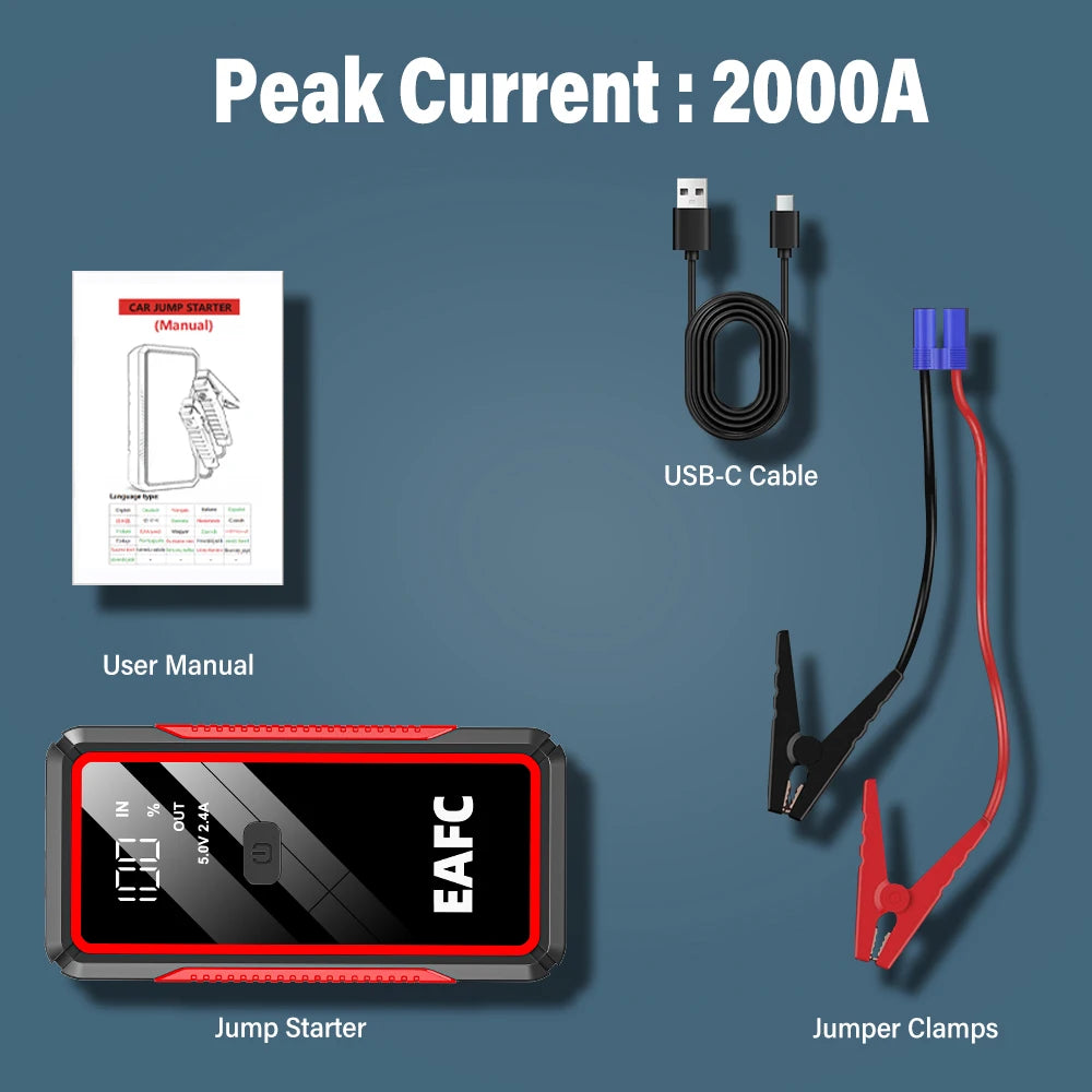 2000A/1200A Car Jump Starter Portable Power Bank 600A Car Battery Emergency Booster for Petrol Diesel 12V Car Starting Device
