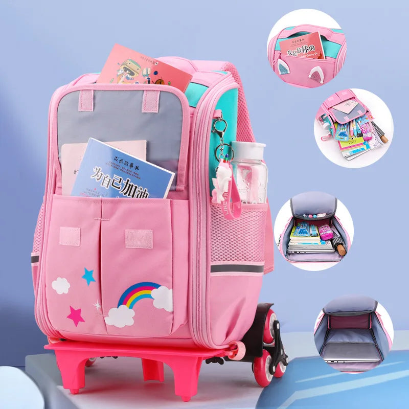 Children Trolley backpack wheels Student High capacity School bags Rolling Backpack kids Trolley bag school backpack wheeled bag - QueensalesOF