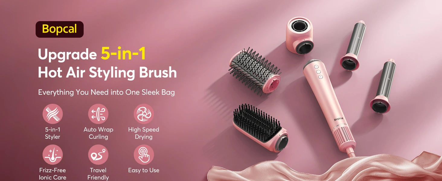 5 in 1 High-Speed Hot Air Styler Frizz-Free Fast Drying No Heat Damage Hair Dryer Curl Volumize Straighten with Travel Bag