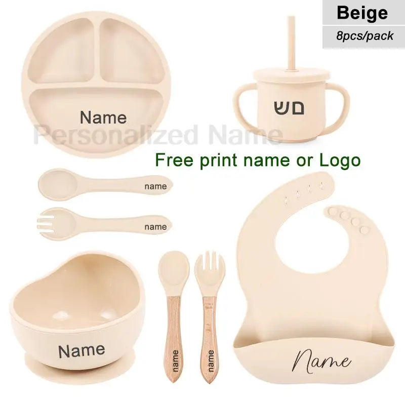 8Pcs Feeding Set For Baby Personalized Name Silicone Tableware Sucker Bowl Plate For Kids Feeding Cup With Straw Dinner Plate