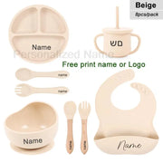 8Pcs Feeding Set For Baby Personalized Name Silicone Tableware Sucker Bowl Plate For Kids Feeding Cup With Straw Dinner Plate - QueensalesOF