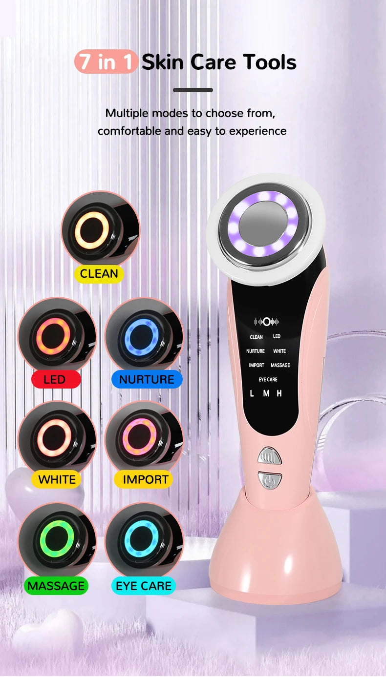 7 in 1 Facial Massager LED Light Therapy Skin Care Device Import Export Blackhead Remover Patented Electrode Head for Deep Clean