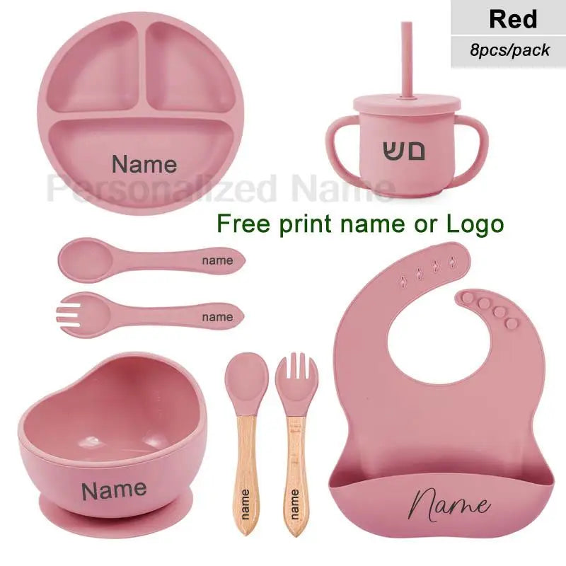 8Pcs Feeding Set For Baby Personalized Name Silicone Tableware Sucker Bowl Plate For Kids Feeding Cup With Straw Dinner Plate
