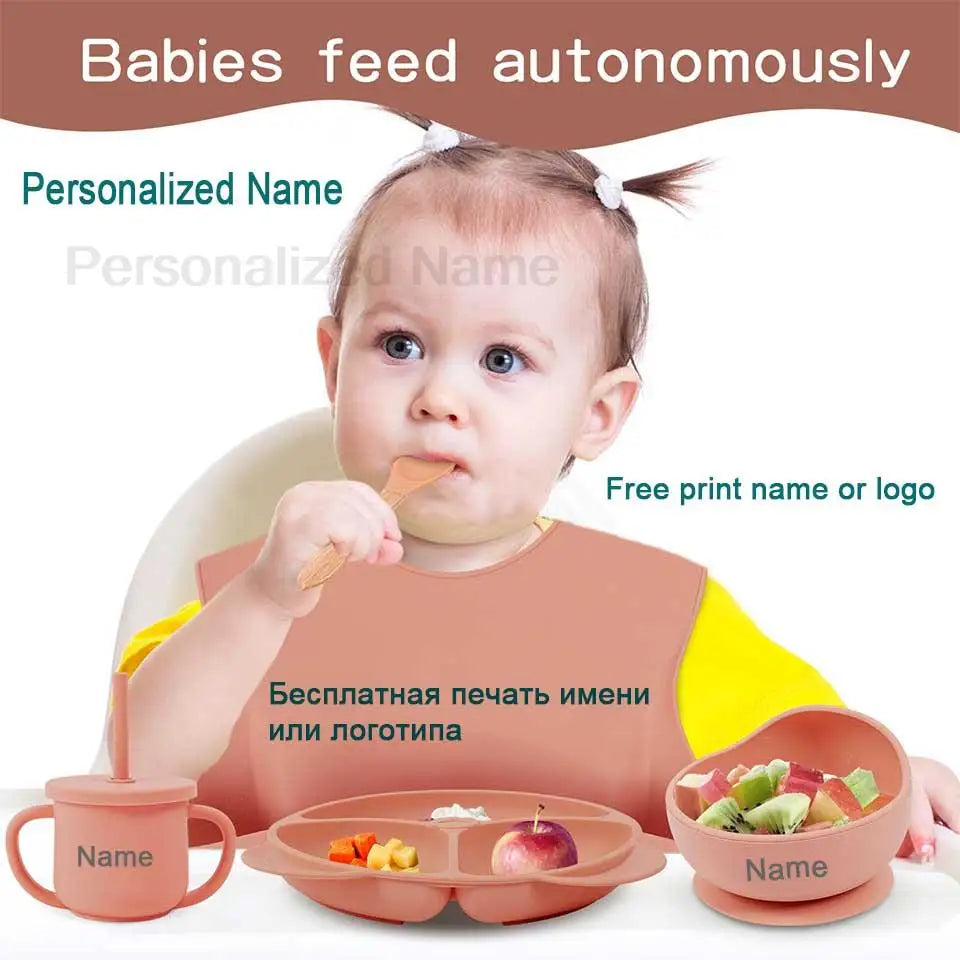 8Pcs Feeding Set For Baby Personalized Name Silicone Tableware Sucker Bowl Plate For Kids Feeding Cup With Straw Dinner Plate