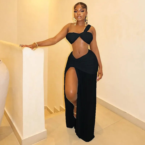 Women's One-Shoulder Strap Crop Bra Tops & Gauze Spliced Draped Split Long Skirt, 2pcs Set - QueensalesOF