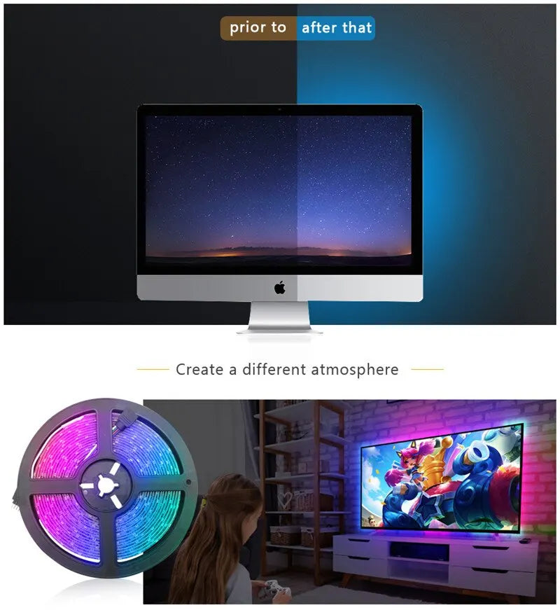 1m USB LED Strip Lights 60LEDs/m RGB Tape SMD 2835 With Remote Control Flexible Tape Diode Ribbon TV Backlight Room Decor - QueensalesOF